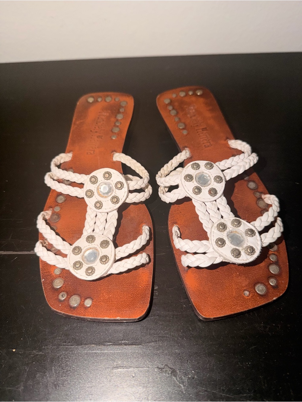 Women's White Braided Leather Sandal with Stud Accents